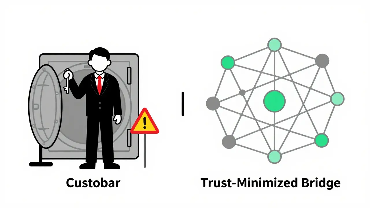 Centralized custodian vs. decentralized node network for cross-chain asset transfers.