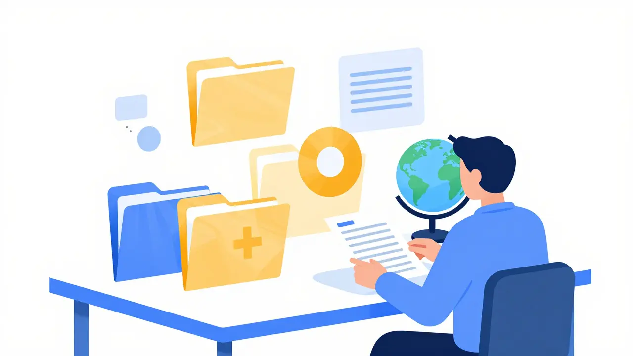 Desk with blockchain icons and files for compliance