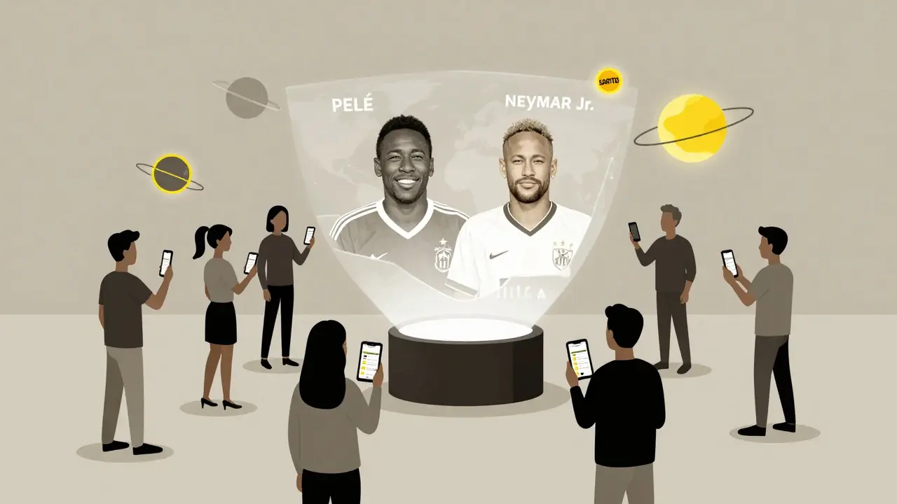 Diverse fans gather around a hologram of Pelé and Neymar, with SANTOS tokens floating like planets in the air.