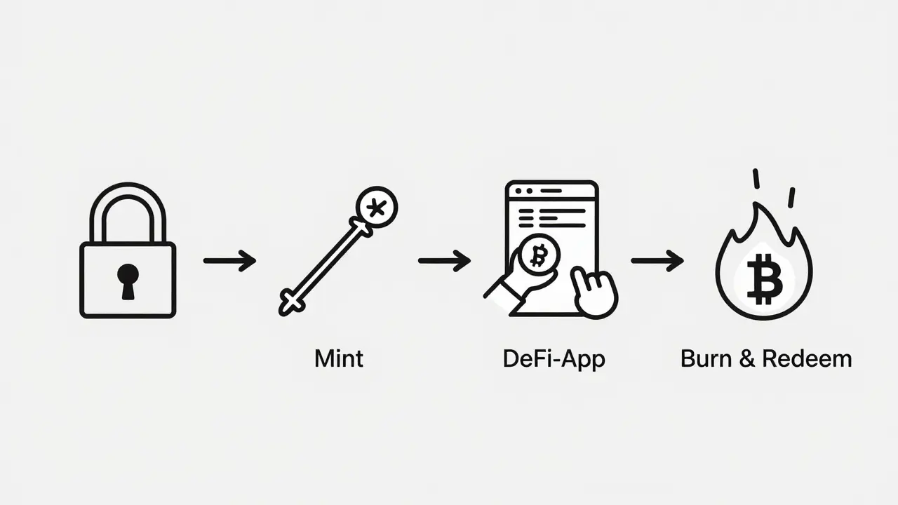 Four minimalist icons showing the steps of wrapping: lock, mint, use, and burn/redeem.