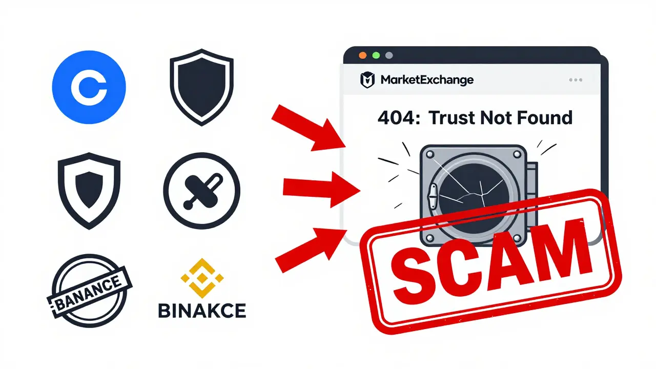 Legitimate exchanges on one side, MarketExchange with a scam stamp on the other.