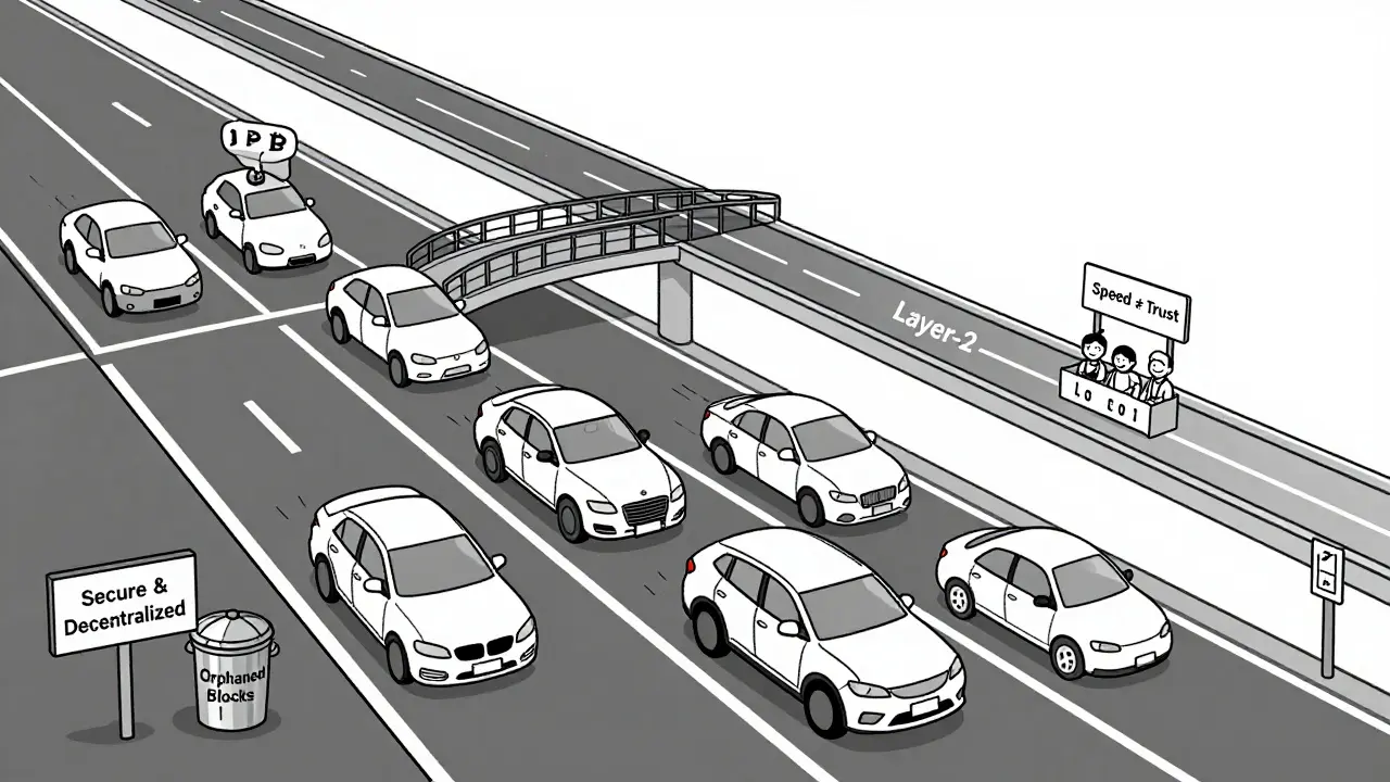 Minimalist highway analogy showing slow, secure blockchain traffic versus chaotic fast traffic with orphaned blocks.