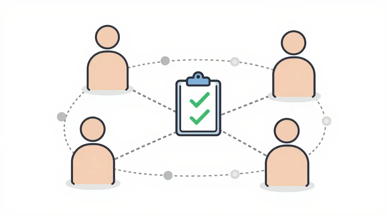 People connected by lines with checklist clipboard