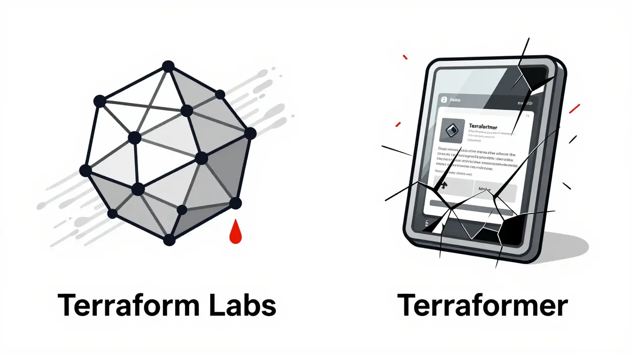 Side-by-side comparison: a legitimate blockchain icon versus a glitchy, cracked fake exchange logo with a single red drop of digital blood.