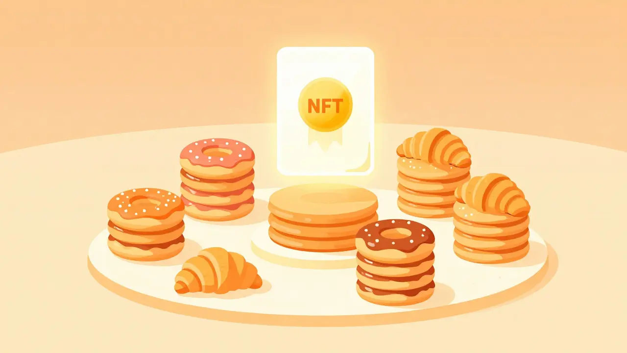 Stacks of food items in circular pools with a glowing NFT card above them.