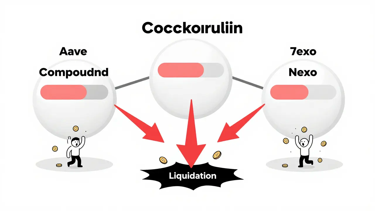 Three crypto lending platforms with different liquidation thresholds, one red arrow triggering mass liquidation.