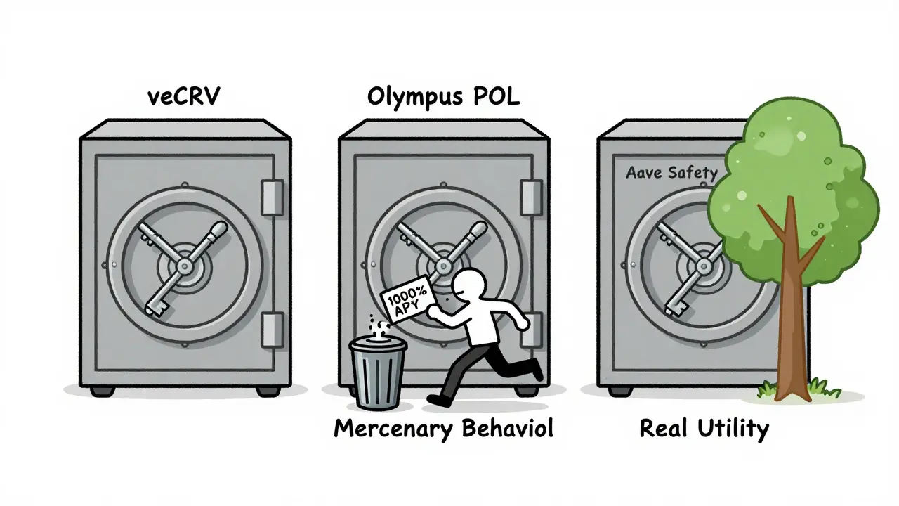 Three locked vaults representing DeFi 2.0 solutions, while a fleeing investor abandons high-yield chasing.
