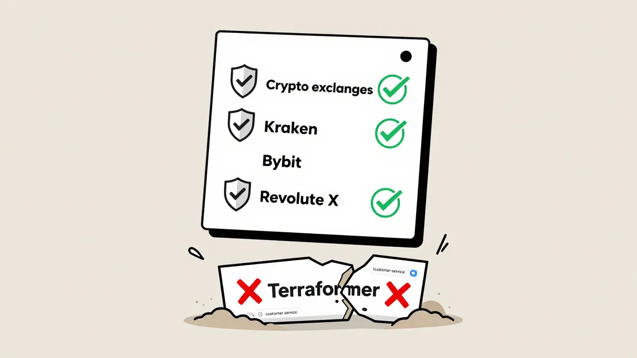 Three verified crypto exchange shields with checkmarks above a crumbling sign for Terraformer, marked with red Xs over fake reviews and chat bubbles.