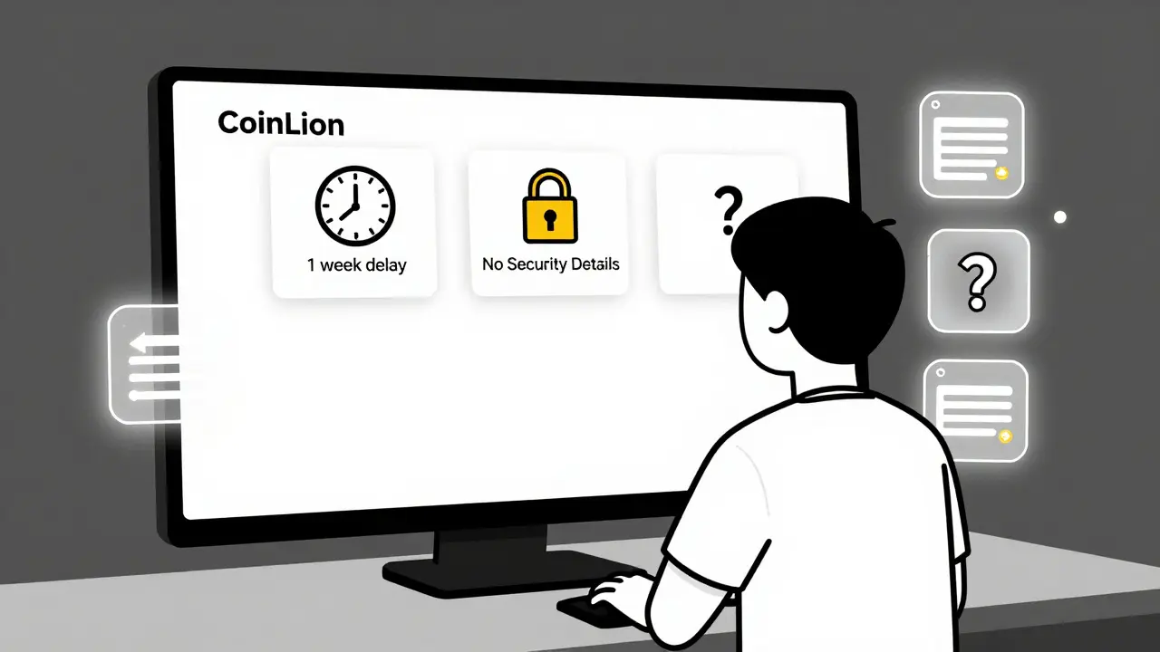 User facing a blank CoinLion screen with warnings for delays, no security, and hidden fees.
