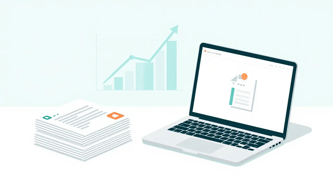 A clean illustration of a laptop and organized digital documents representing financial compliance.