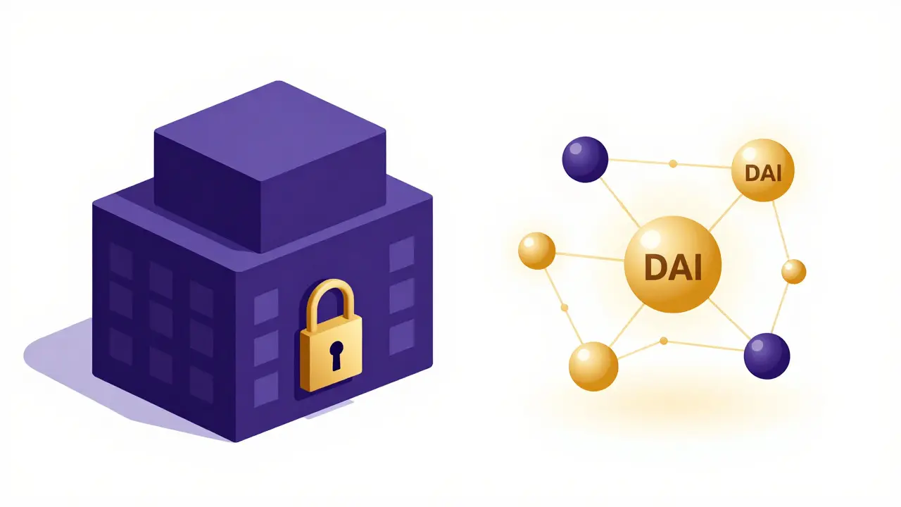 A comparison between a locked centralized exchange building and a decentralized glowing network.