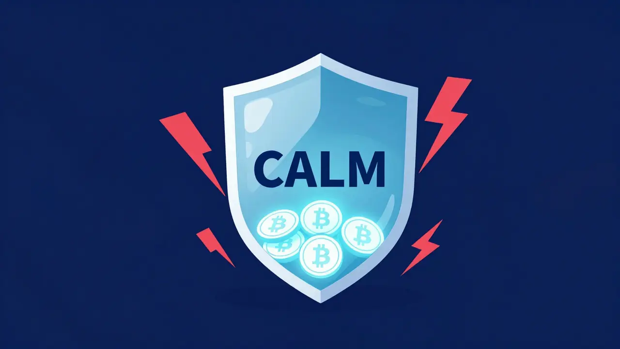 A digital shield protecting glowing coins from red volatility lightning bolts