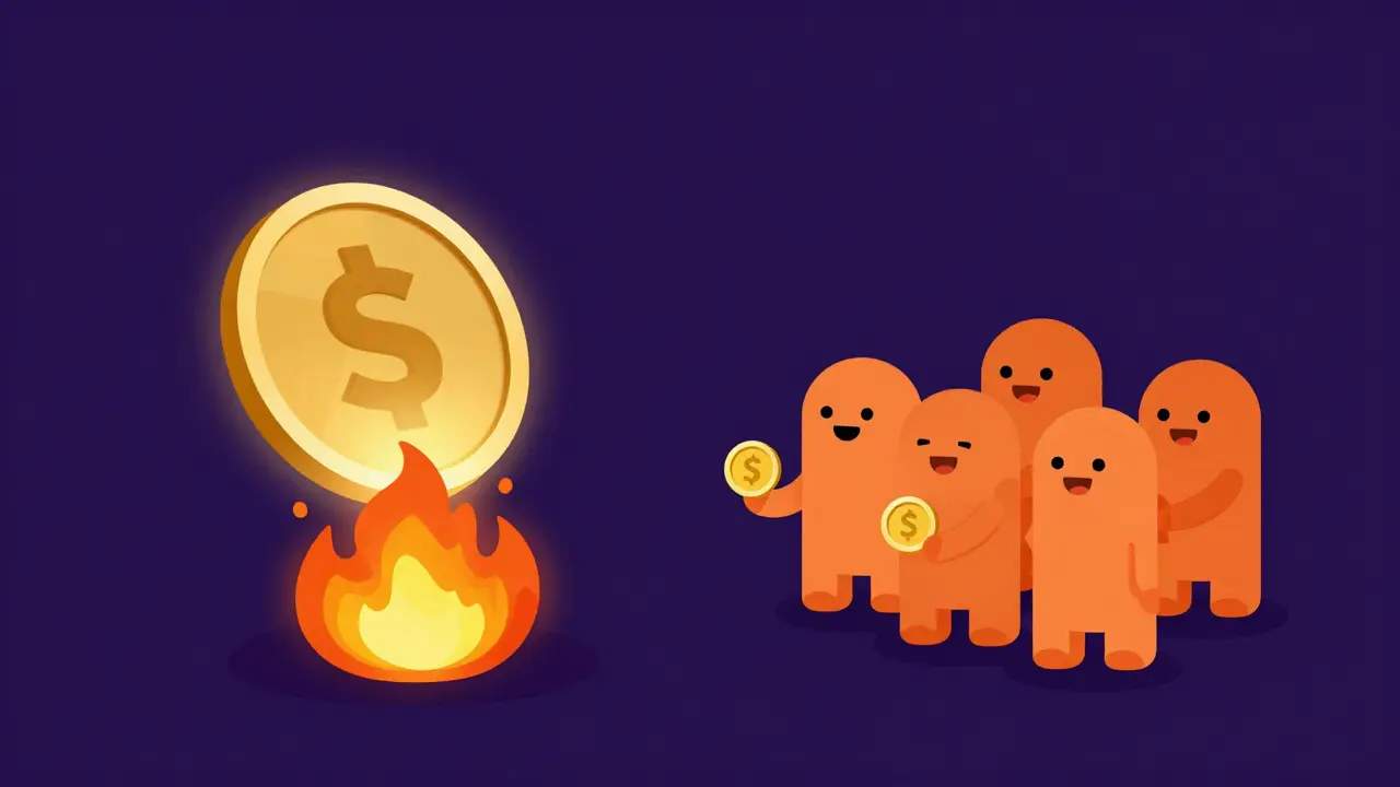A digital token being burned by a flame while stakers receive gold rewards.