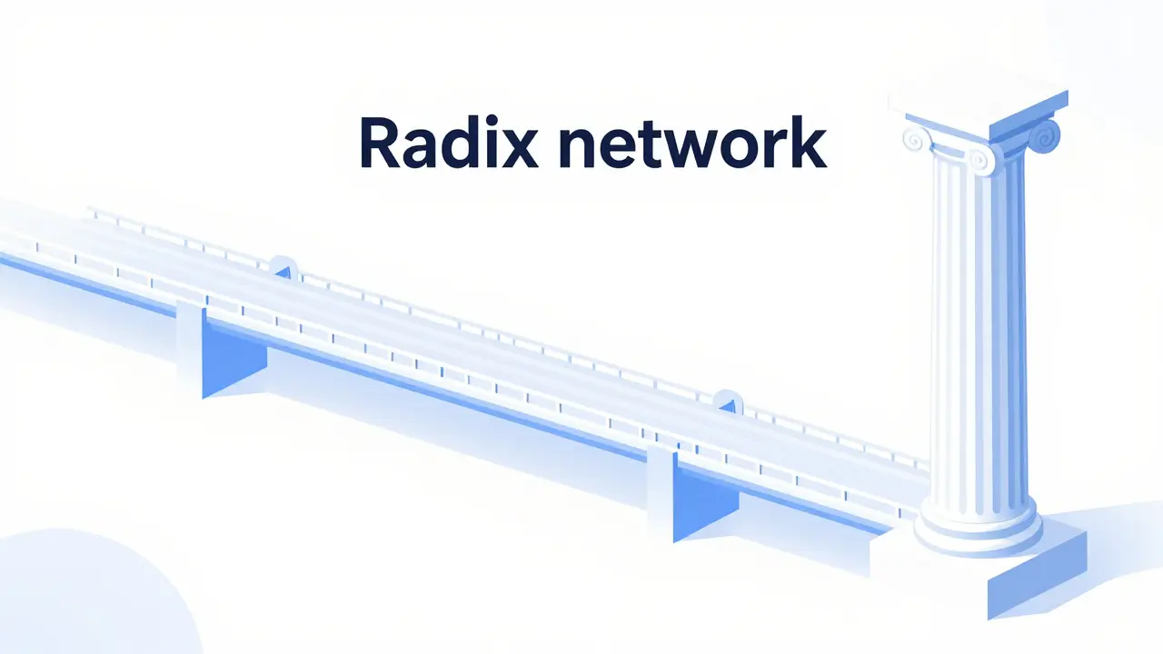 A futuristic bridge and Greek pillar symbolizing the move to Radix network
