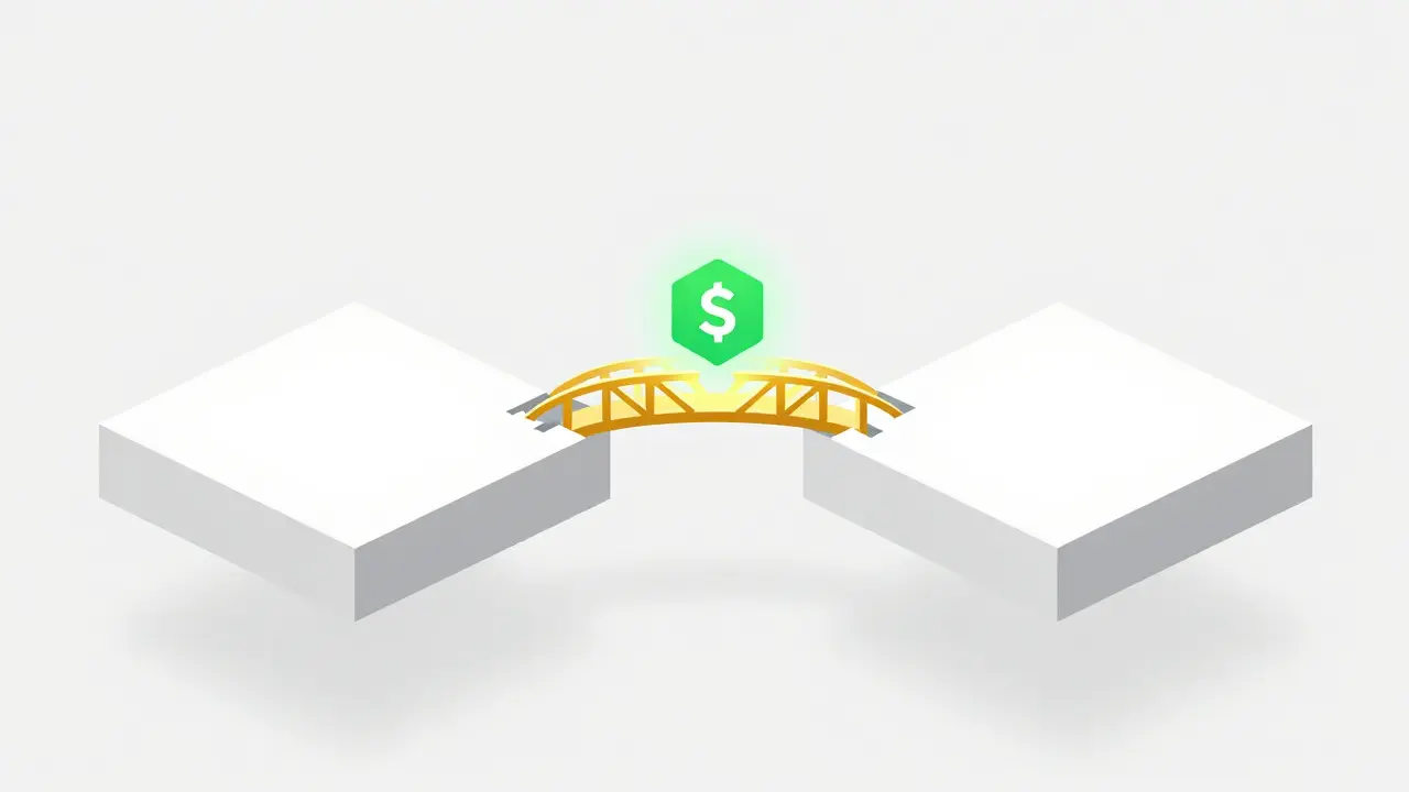 A glowing golden bridge connecting two floating geometric blockchain platforms.