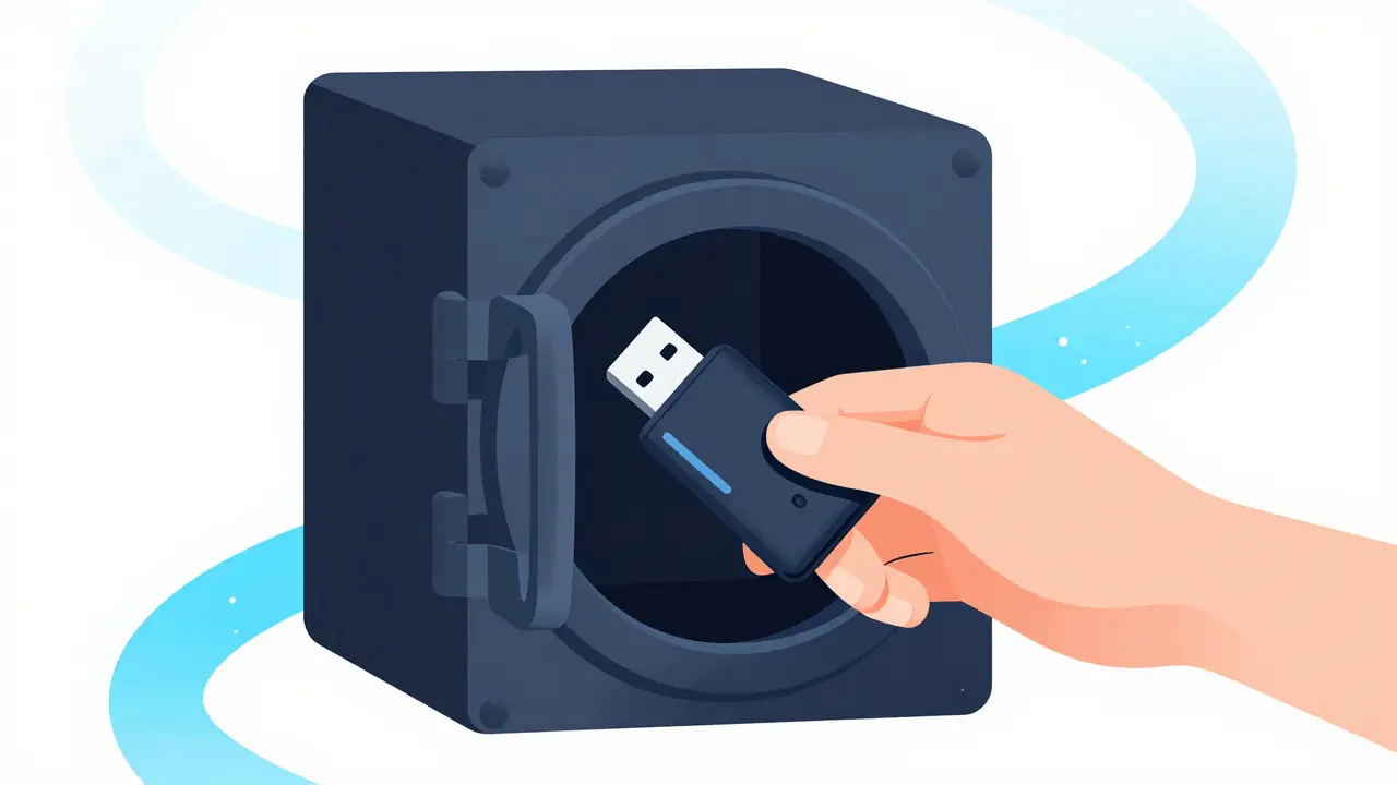 A hand placing a hardware wallet into a secure digital vault protected by a blue VPN ribbon.