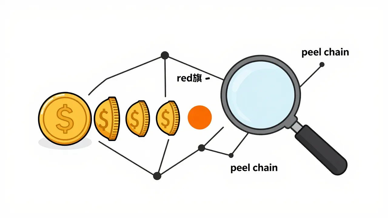 A magnifying glass analyzing a chain of gold coins being split into smaller pieces.