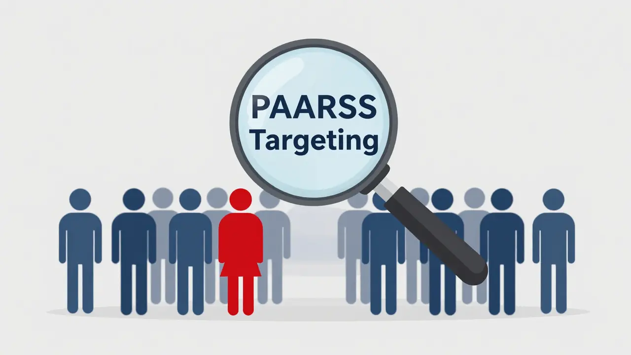 A magnifying glass targeting a specific red figure among a blue crowd