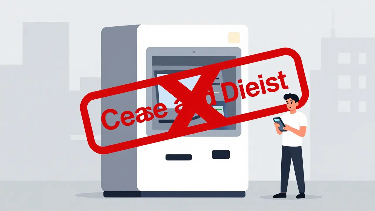 A minimalist cartoon of a crypto ATM kiosk with a large red restriction symbol over it.