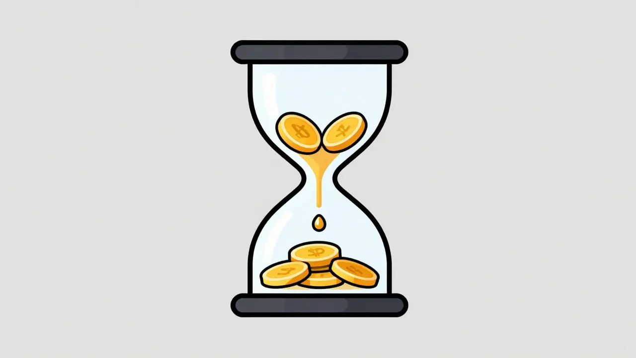 A stylized hourglass and progress bar representing the token vesting and release schedule.