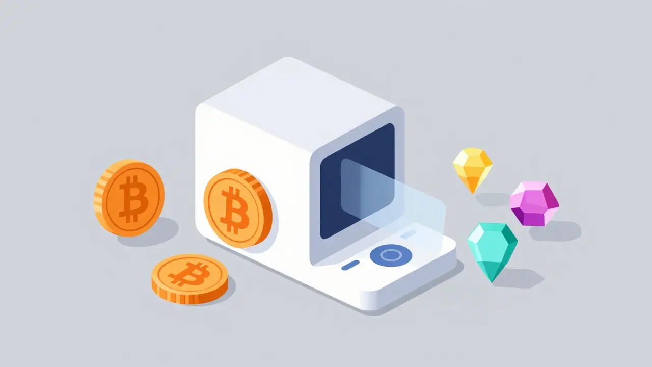 A stylized machine converting Bitcoin tokens into various other blockchain assets.