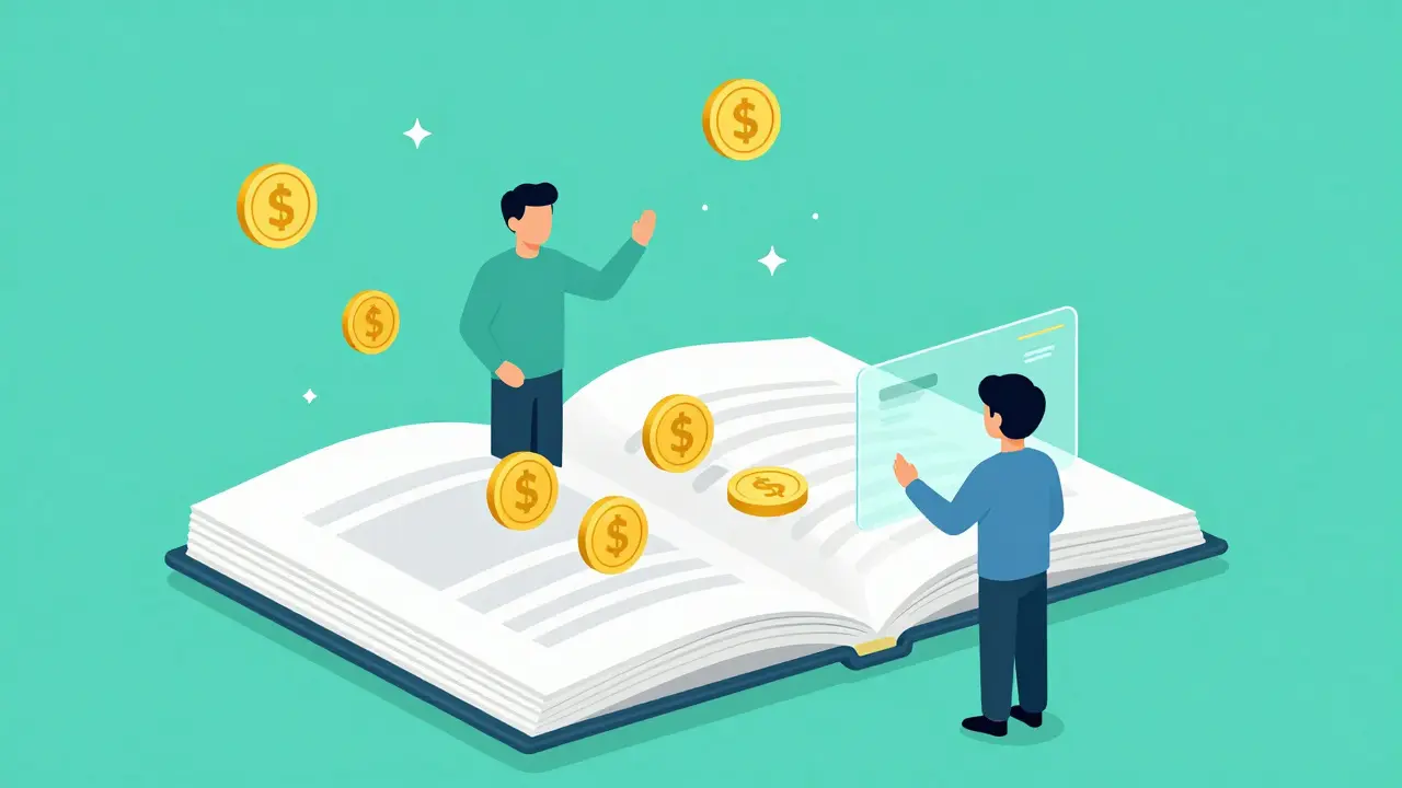 A teacher and student using a digital holographic book with floating golden tokens.