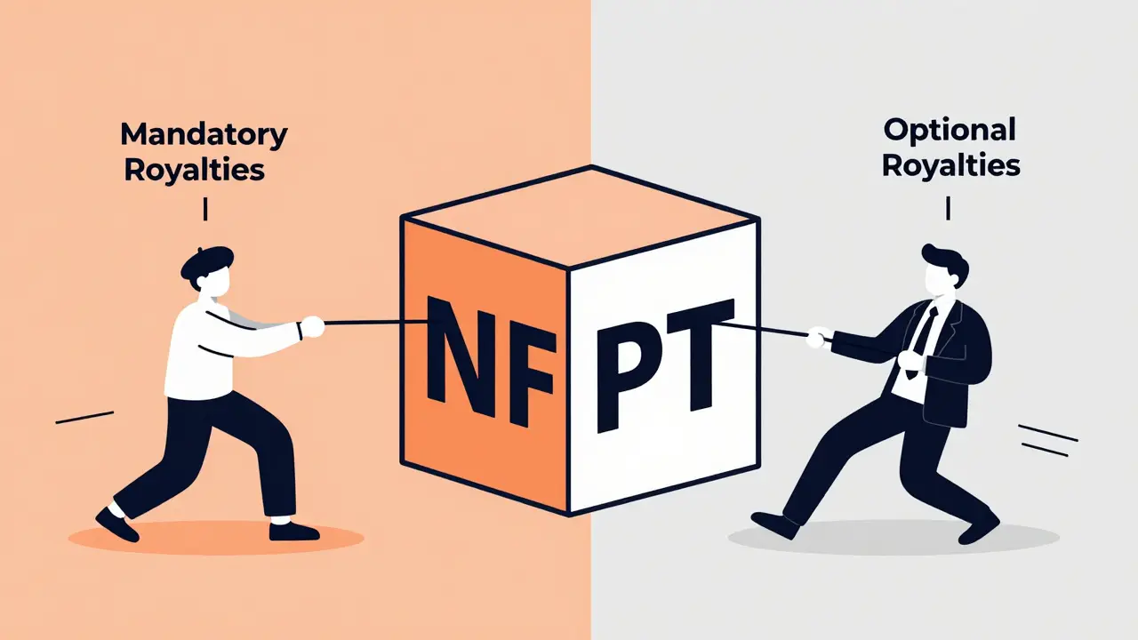 Artist and trader playing tug-of-war over a digital NFT cube to symbolize the royalty debate.