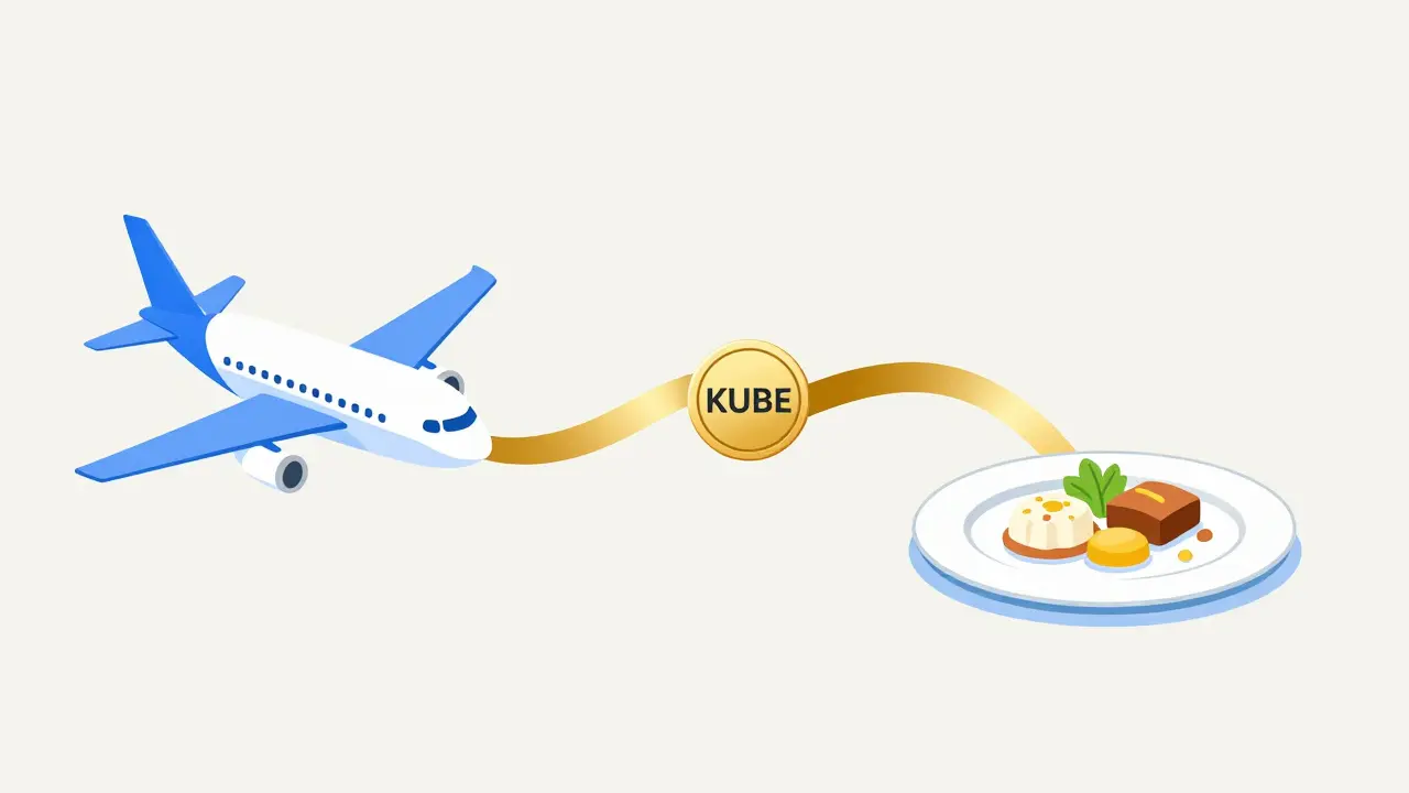 Cartoon illustration linking an airplane and a plate with a golden digital ribbon