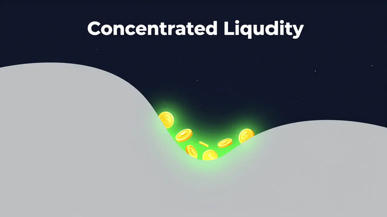 Cartoon illustration of concentrated liquidity on a price curve