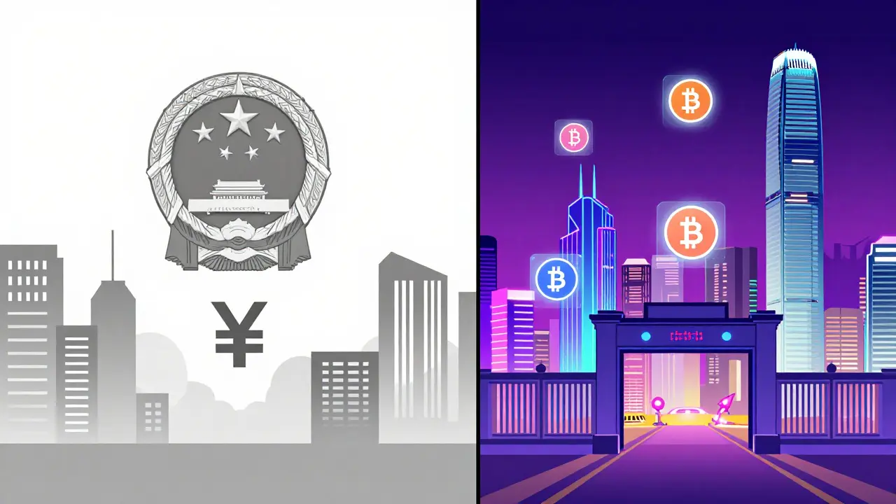 Comparison between a restricted grey city and a vibrant neon crypto hub