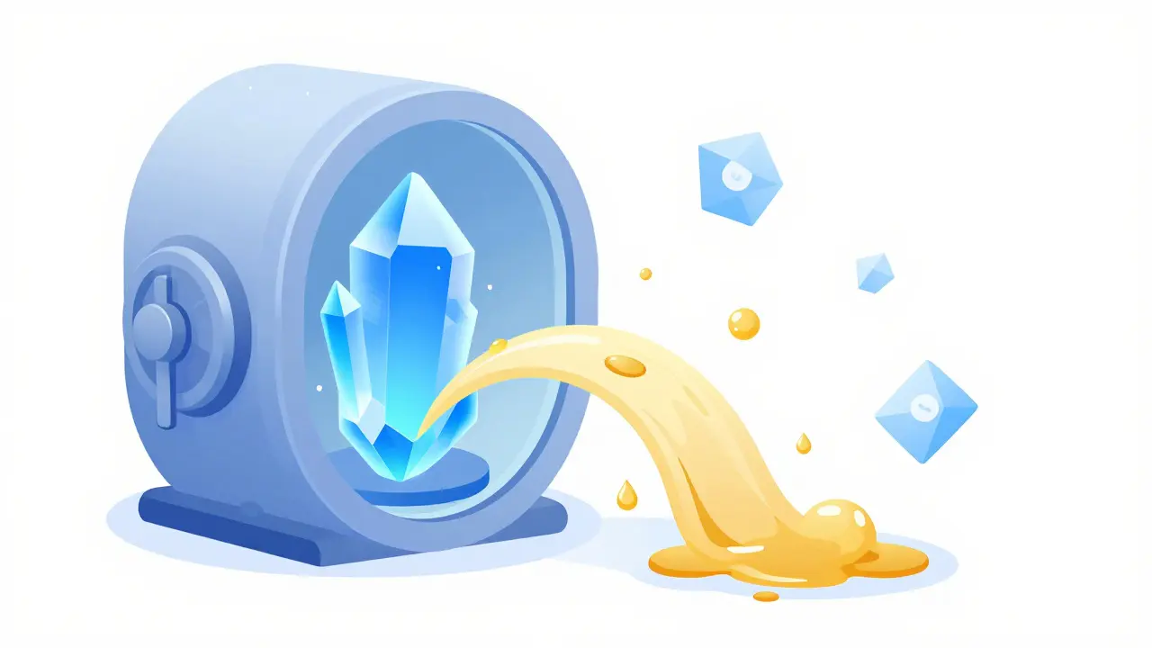 ETH crystal in a vault producing golden liquid droplets for DeFi apps