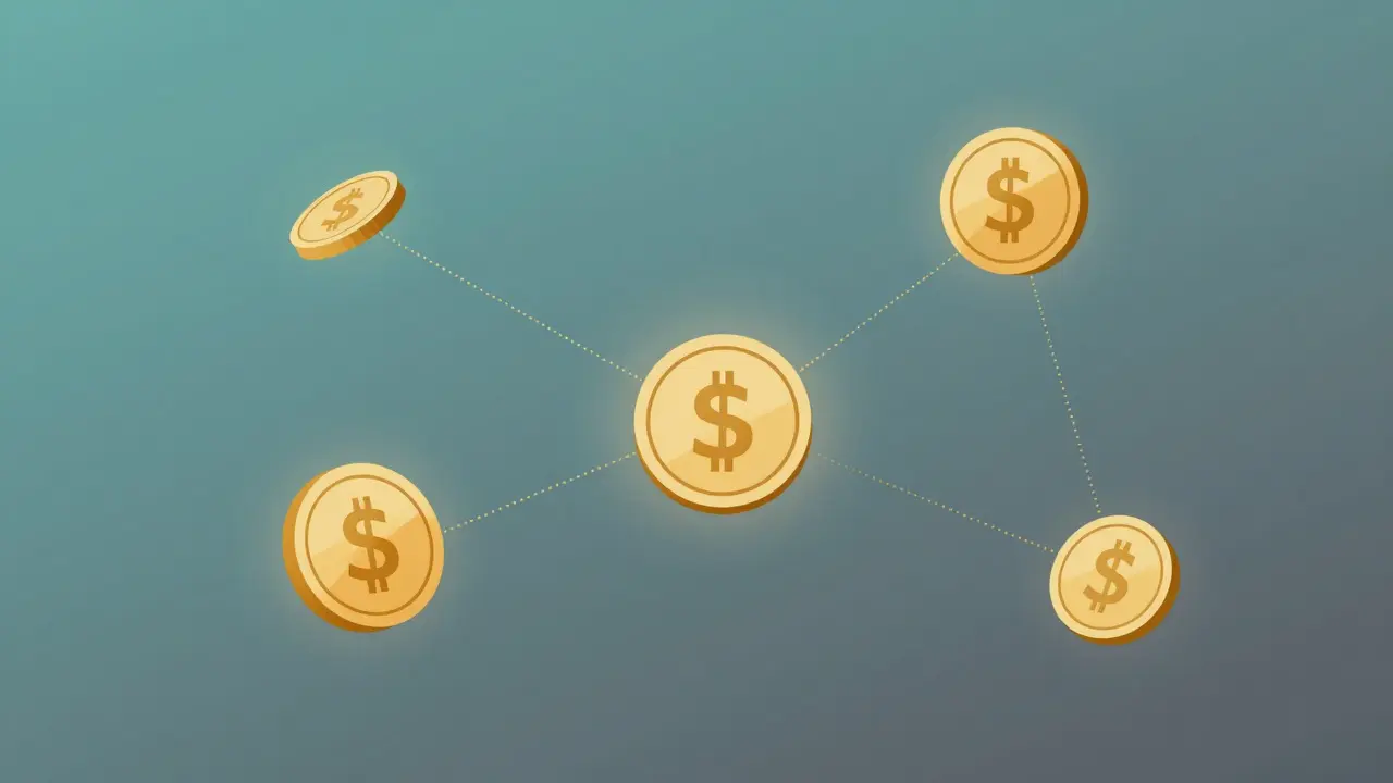 Floating coins linked by dots forming a growth network web