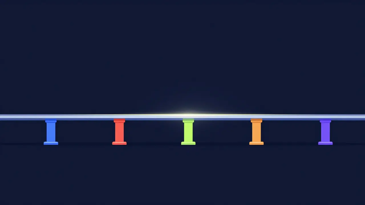 Geometric illustration of a data line connecting five colorful exchange pillars