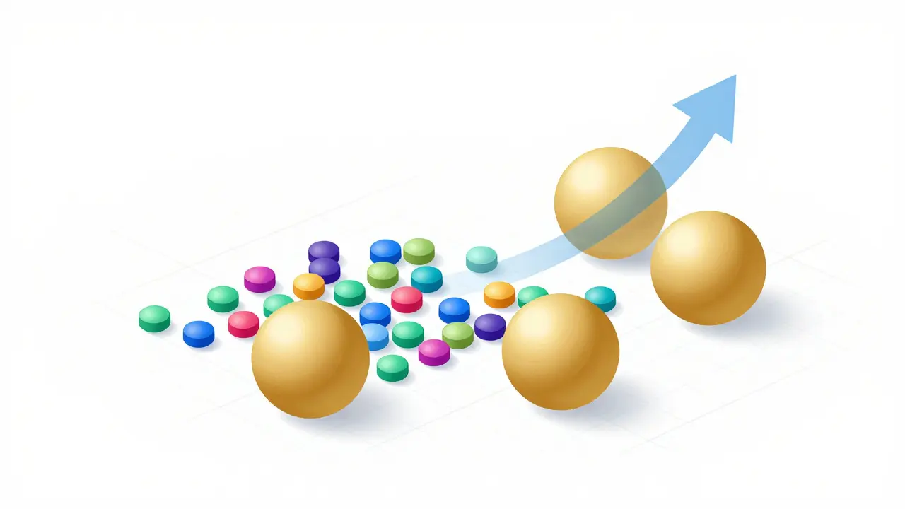 Illustration of small crypto startups merging into large, stable institutional entities.