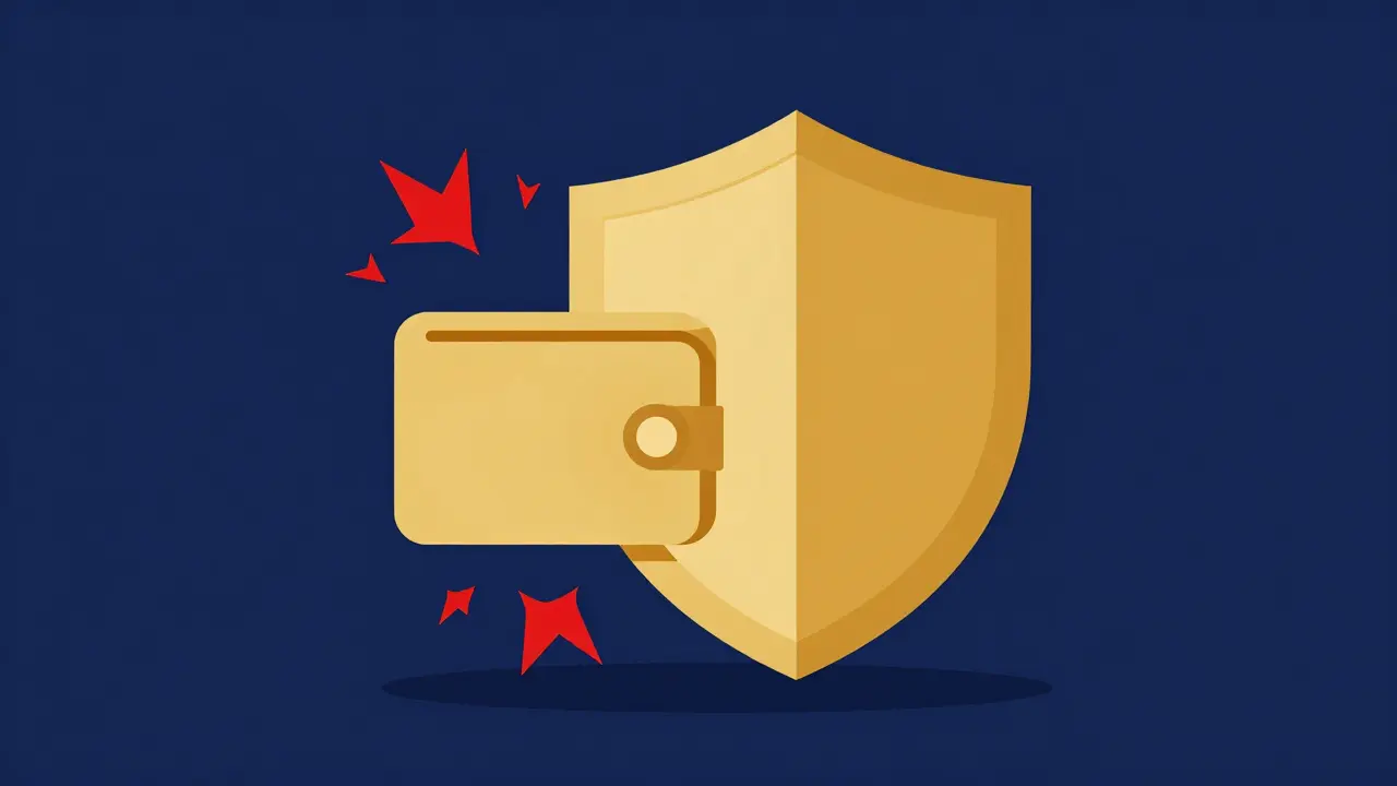 Minimalist cartoon of a golden shield protecting a digital wallet from red sparks