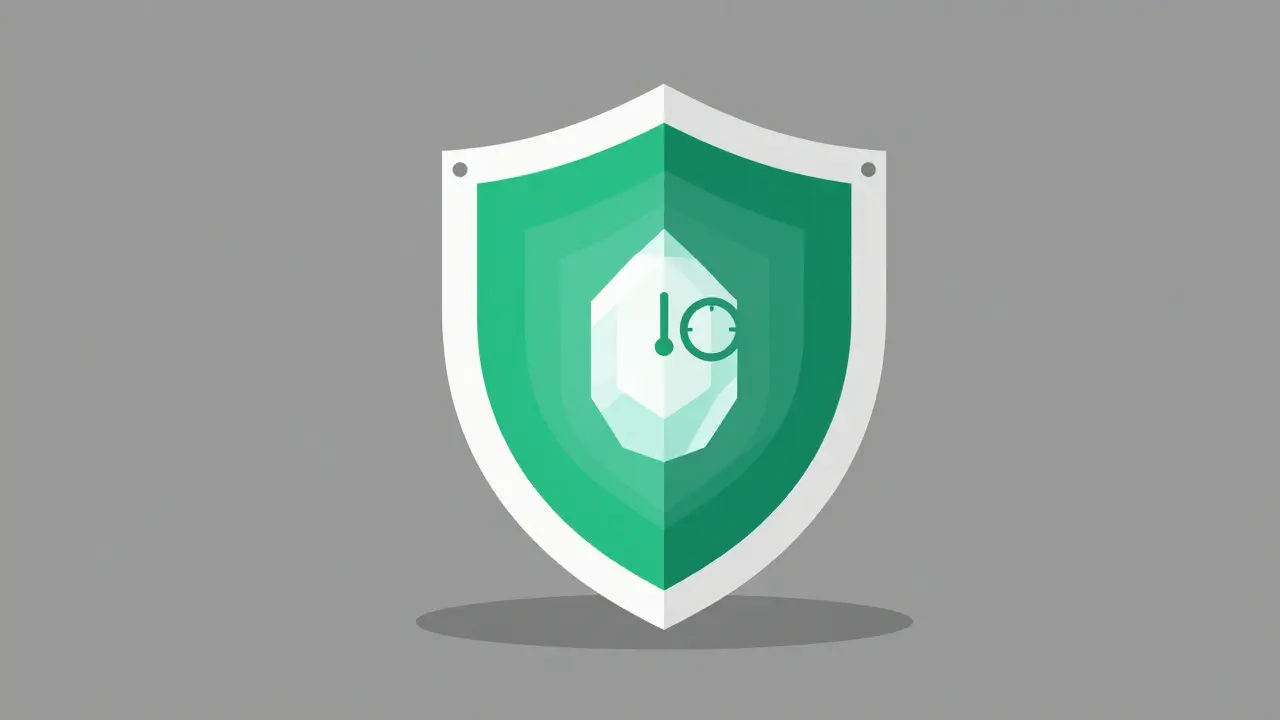 Minimalist cartoon of a layered digital shield with a clock protecting a glowing smart contract core.