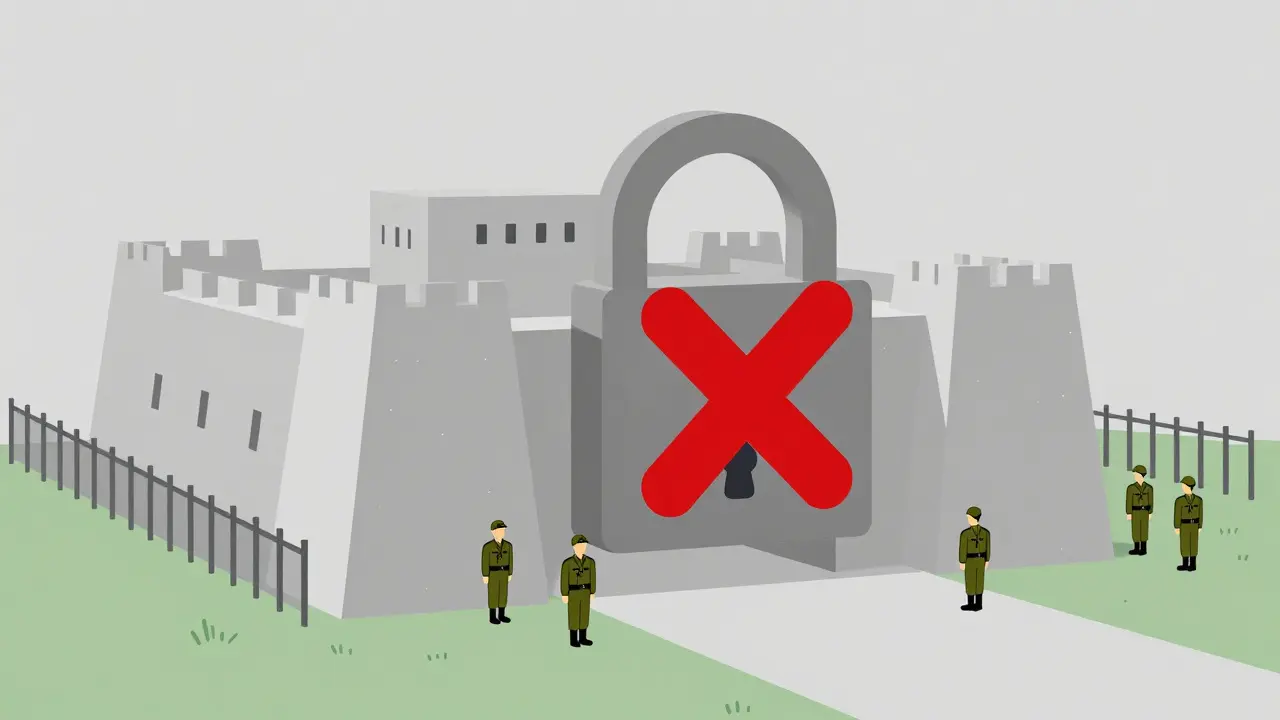 Minimalist drawing of a guarded compound with a large red X symbolizing sanctions.