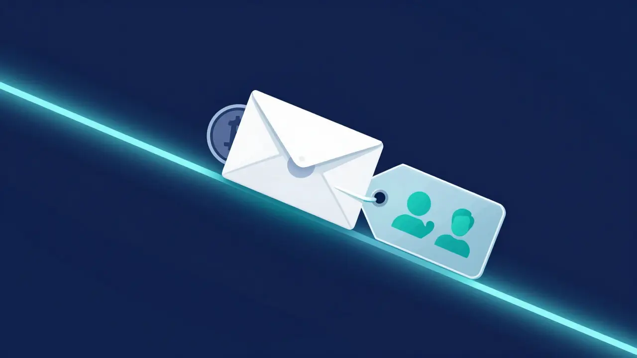 Minimalist graphic of a crypto transaction with identity tags representing the EU Travel Rule.