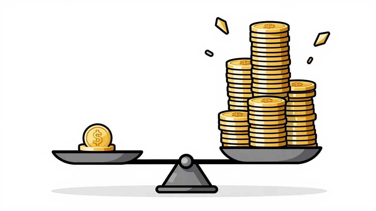 Minimalist illustration of a balance scale showing extreme price imbalance with digital tokens.