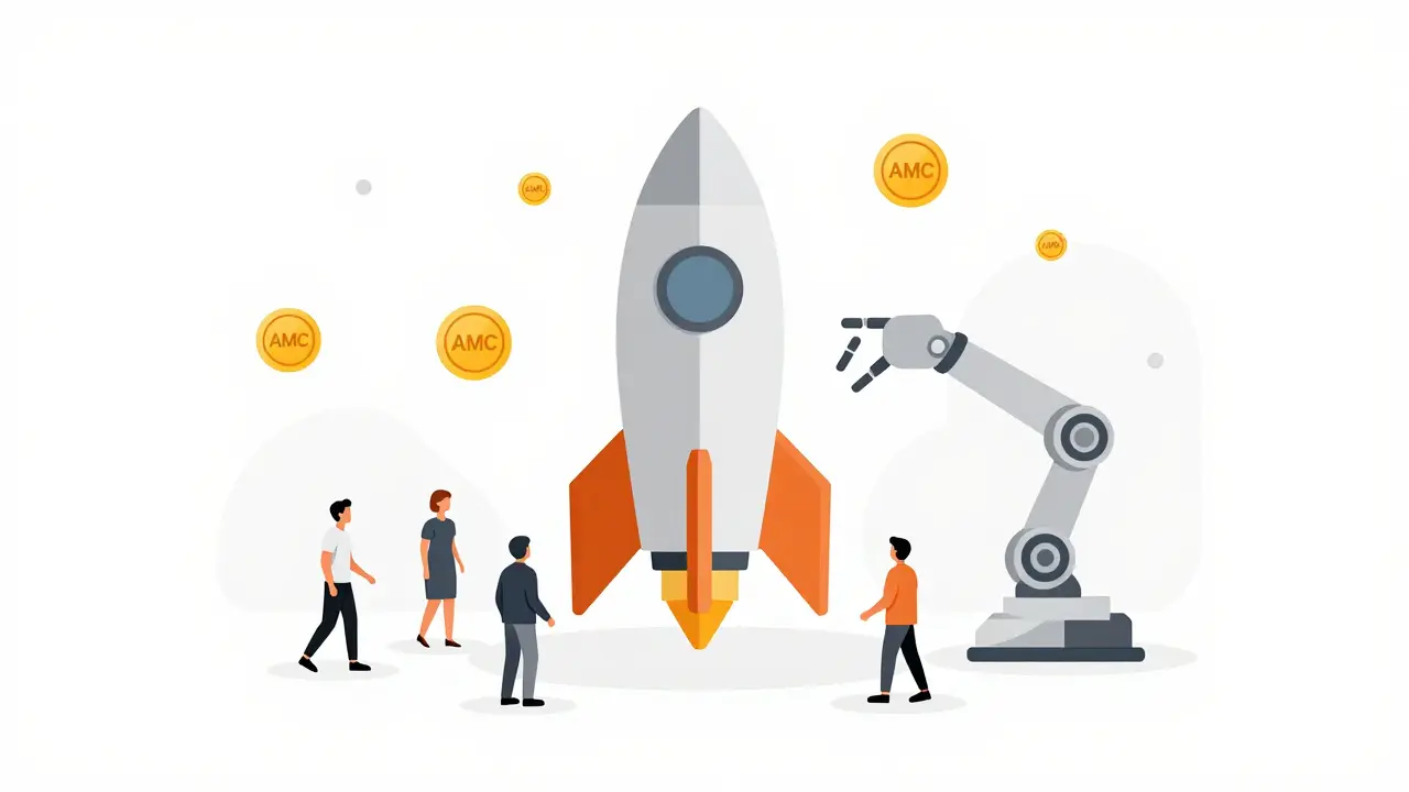 Minimalist scene of a community and robot building a rocket ship for a project.