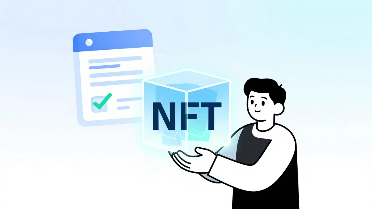 Person holding a glowing digital asset cube connected to a blockchain ledger for verification.