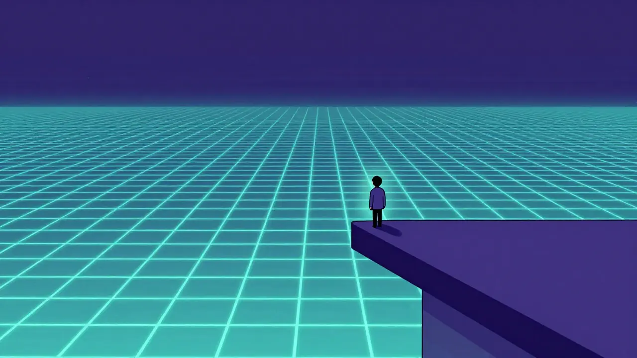 Small figure standing alone on a floating platform in a vast digital grid