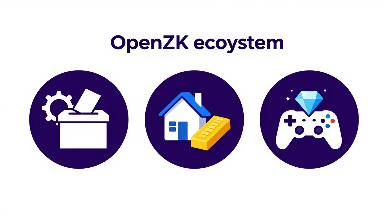 Three circles depicting governance, real world assets, and gaming elements