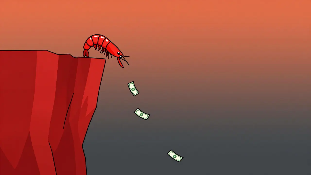 A cartoon shrimp sliding down a cliff illustrating crypto price crash risks.
