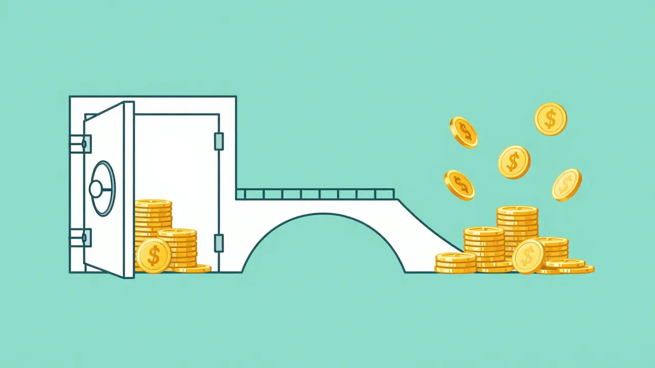 A minimalist diagram showing assets being locked in a vault on one side and minted as wrapped tokens on the other via a bridge.