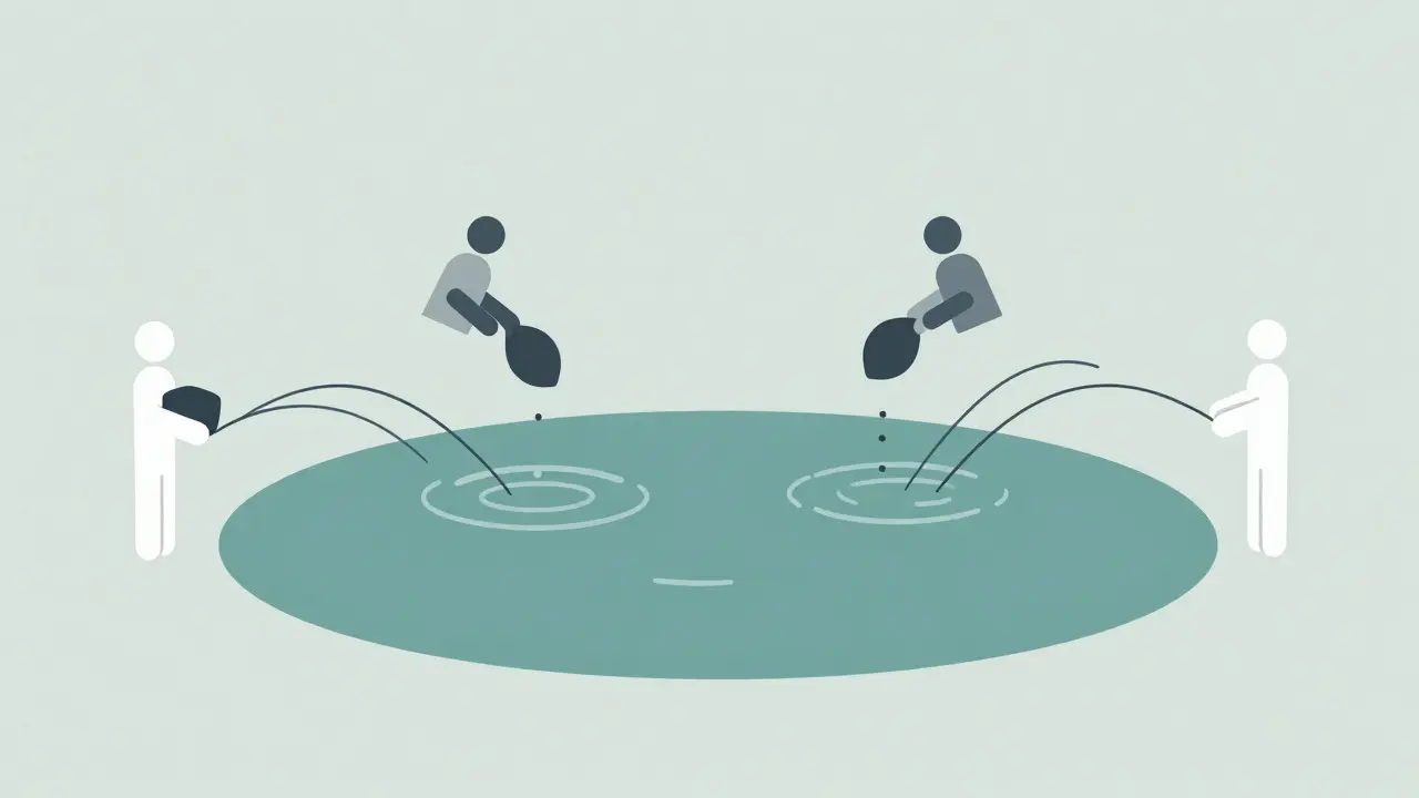 Abstract art showing assets flowing into a liquidity pool for trading.