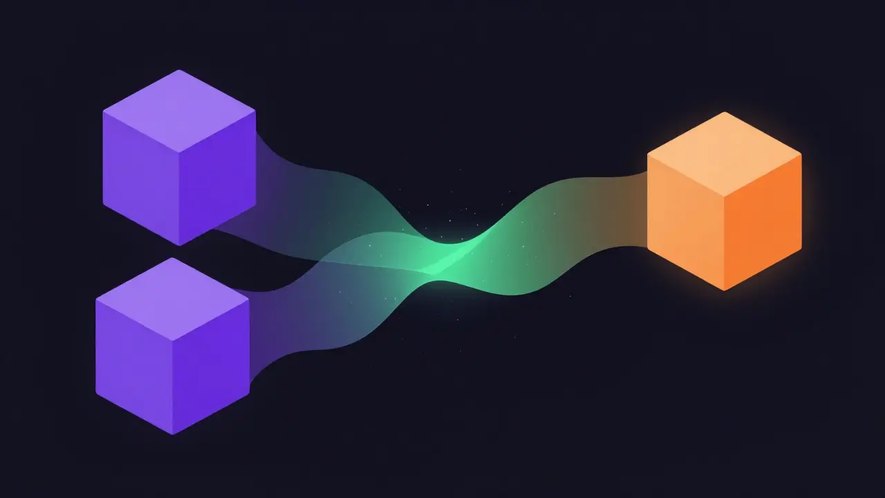 Abstract geometric blocks merging into a unified stream of light, representing seamless cross-chain interoperability.