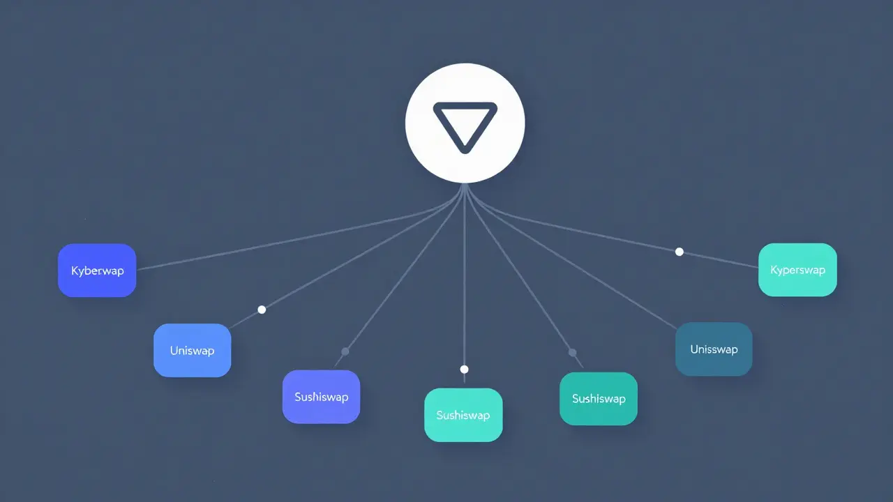 Abstract minimalist art showing KyberSwap aggregating liquidity from multiple sources