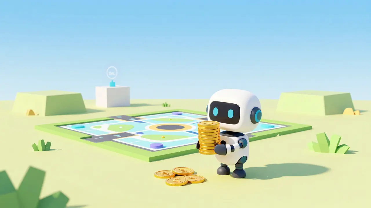 Cute robot holding tokens in a simple geometric metaverse landscape.