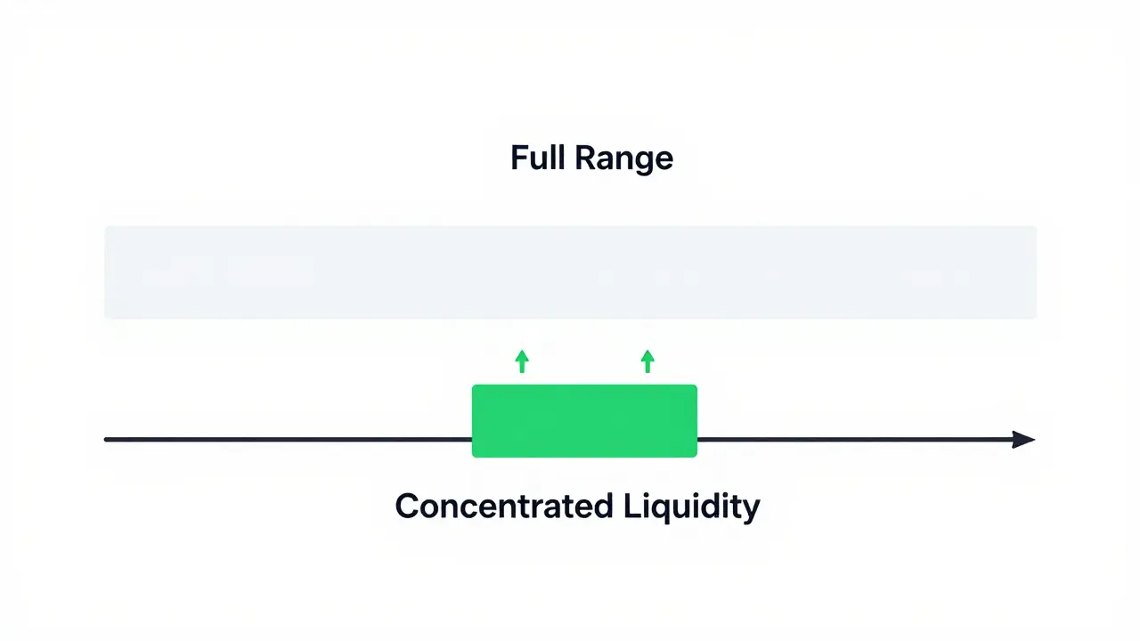 Diagram showing concentrated liquidity generating more fees than full range